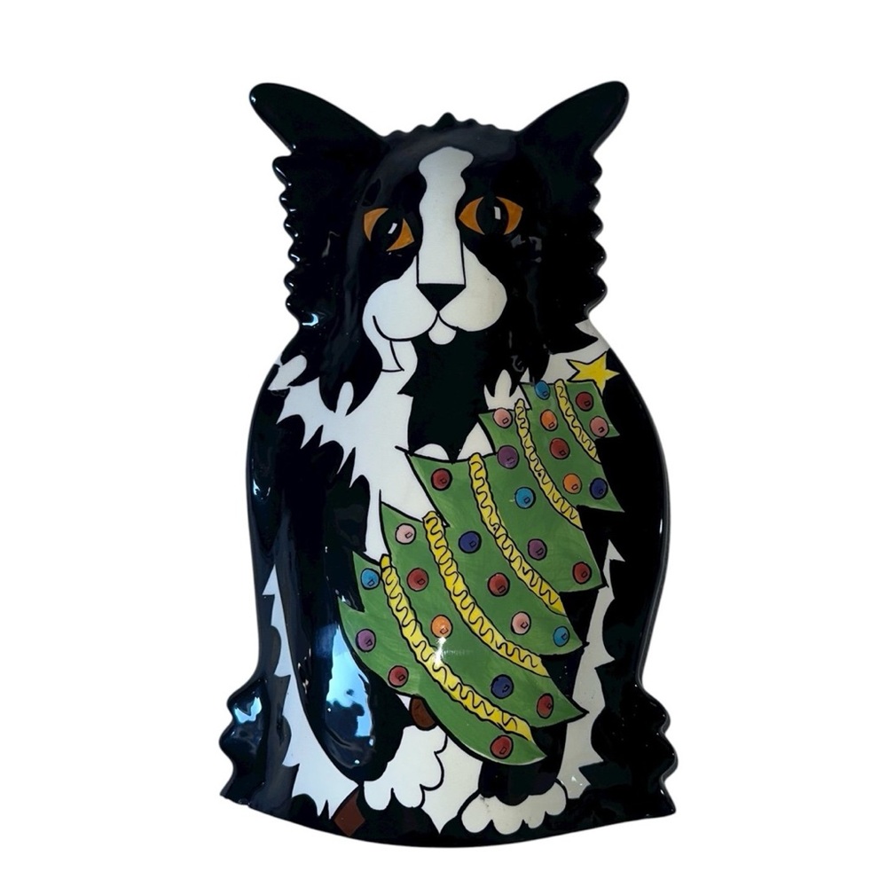 Cats by Nina Lyman Vase Black Cat w/Christmas Tree Ceramic 10"